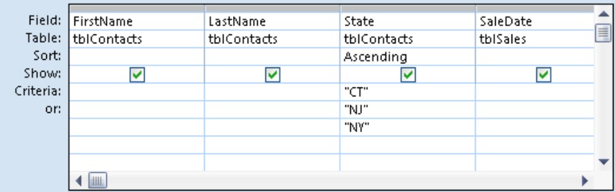 Using the Or: cell of the QBE pane. You can place each bit of example data on its own row in the Or: cells.